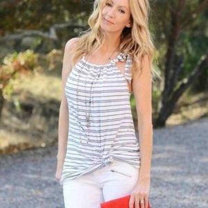Cabi Bow Halter Ocean Stripe Top Tuni Medium Blouse Keyhole Spaghetti Strap